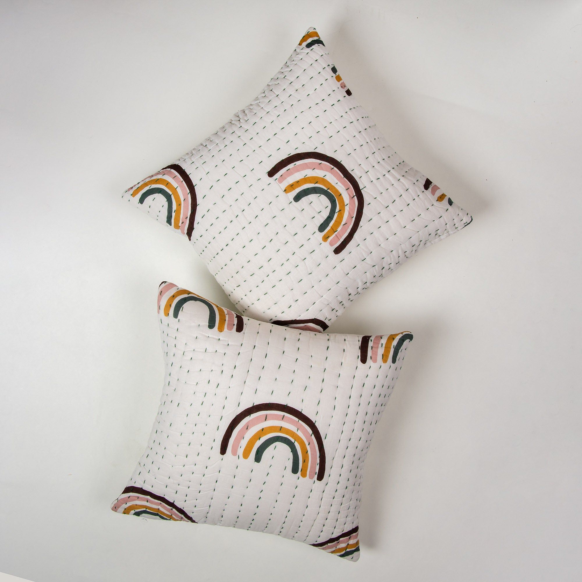 Rainbow Hand Block Printed Cotton Kantha Quilted Cushion Cover Patterns